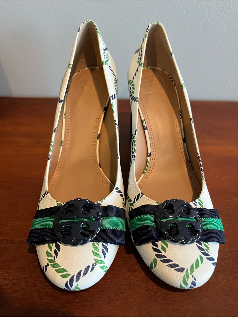 Tory Burch Maritime Block Heel Leather Pumps Green And Blue Nautical Rope Sz 10M - Picture 2 of 10